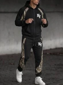 Manfinity Homme Men's 2-Piece Letter Graphic & Woodland Print Tracksuit, Zip Hoodie And Pants For Streetwear, Fall Clothes, Fall Outfits & New Fall Styles - Multicolor - View 5