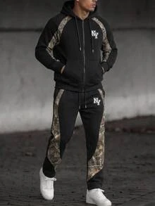 Manfinity Homme Men's 2-Piece Letter Graphic & Woodland Print Tracksuit, Zip Hoodie And Pants For Streetwear, Fall Clothes, Fall Outfits & New Fall Styles - Multicolor - View 6