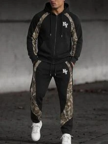 Manfinity Homme Men's 2-Piece Letter Graphic & Woodland Print Tracksuit, Zip Hoodie And Pants For Streetwear, Fall Clothes, Fall Outfits & New Fall Styles - Multicolor - View 7