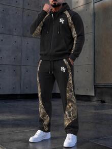 Manfinity Homme Men's 2-Piece Letter Graphic & Woodland Print Tracksuit, Zip Hoodie And Pants For Streetwear, Fall Clothes, Fall Outfits & New Fall Styles - Multicolor - View 4