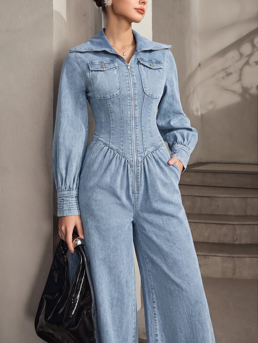 Selenza Women's Long Sleeve Zipper Front Casual Wide Leg Denim Jumpsuit - Blue - View 1