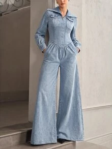 Selenza Women's Long Sleeve Zipper Front Casual Wide Leg Denim Jumpsuit - Blue - View 6