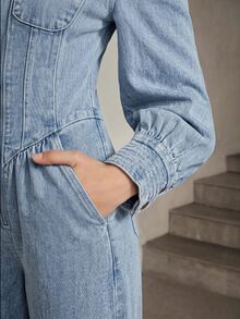 Selenza Women's Long Sleeve Zipper Front Casual Wide Leg Denim Jumpsuit - Blue - View 7