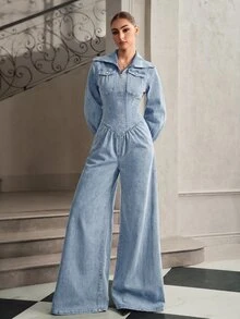 Selenza Women's Long Sleeve Zipper Front Casual Wide Leg Denim Jumpsuit - Blue - View 4