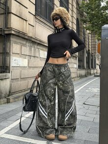 StreetHx Celana Jeans Wanita Model Retro Motif Ranting Kaki Lebar - MultiWarna - View 7