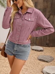 EMERY ROSE Women's Long Sleeve Single-Breasted Casual Denim Jacket - Redwood - View 7