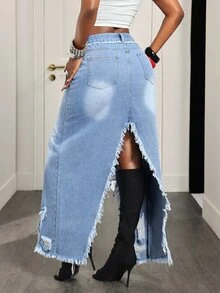 BamGleam Women's All-Season Street Style High Slit Distressed Layered Asymmetrical Multi-Pocket Frayed Denim Skirt - Medium Wash - View 2