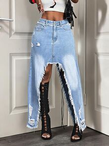 BamGleam Women's All-Season Street Style High Slit Distressed Layered Asymmetrical Multi-Pocket Frayed Denim Skirt - Medium Wash - View 8