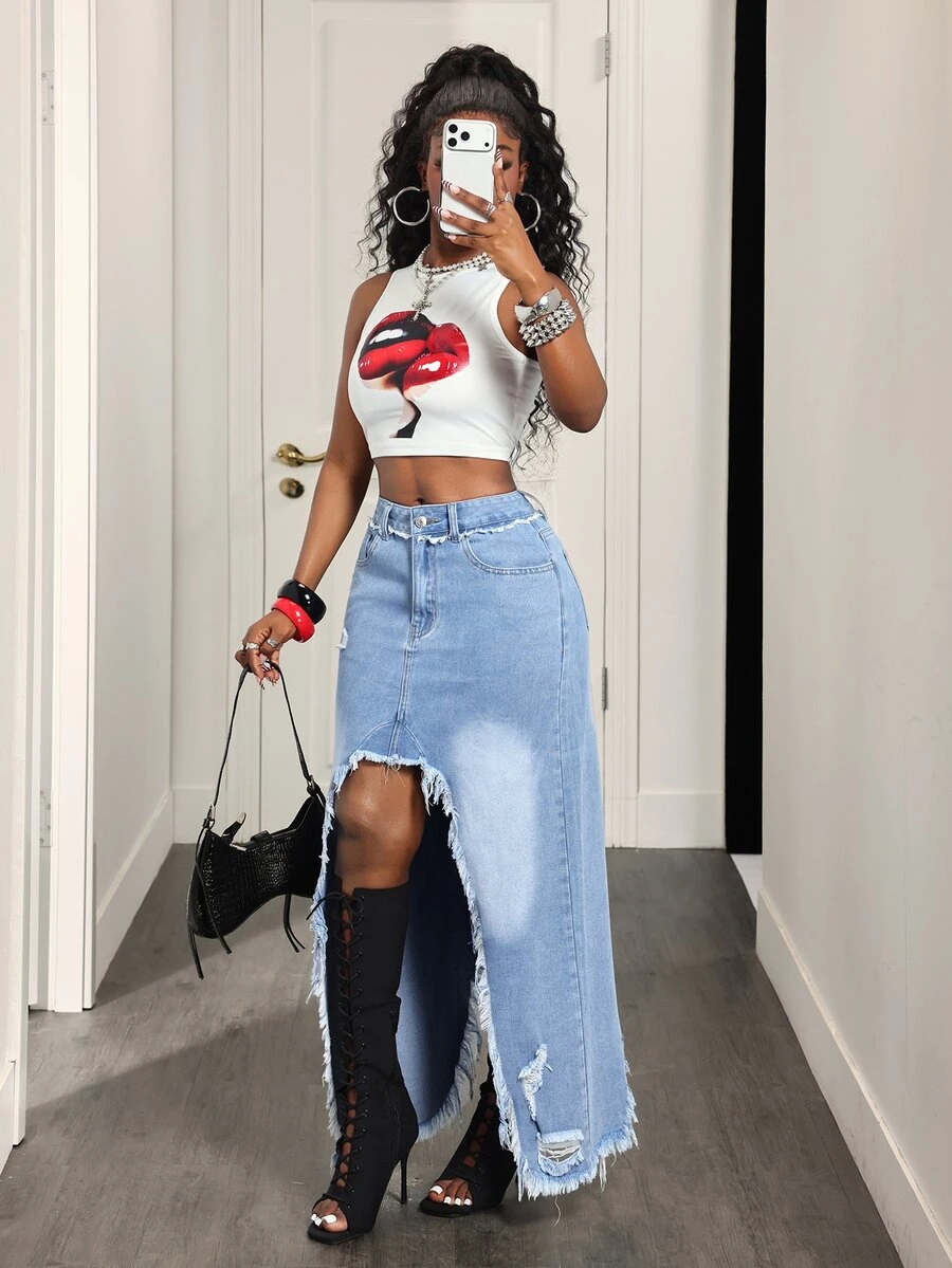 BamGleam Women's All-Season Street Style High Slit Distressed Layered Asymmetrical Multi-Pocket Frayed Denim Skirt - Medium Wash - View 1