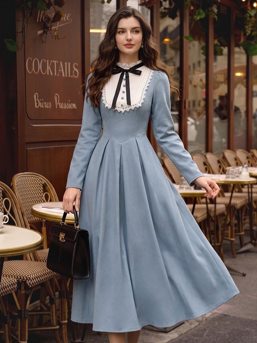 Vintamour Vintage Elegant Women's Long Dress Pockets Bowknot Button ...