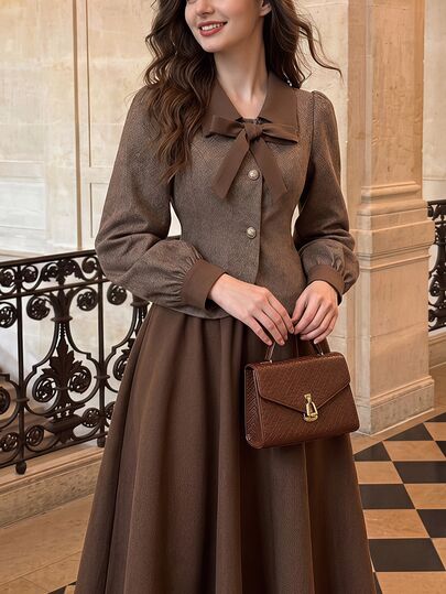 Vintamour Vintage Elegant Women's 2 Pieces Set Pockets Contrast Button Lapel Top And Skirt Autumn Fall Winter Casual Commute Holiday Festival Elegant Long Dress