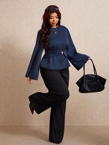 Elaquor Plus Size Fashion Commuter Striped Waist-Cinching Blouse Fall - Navy Blue - View 4