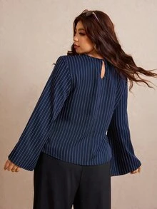 Elaquor Plus Size Fashion Commuter Striped Waist-Cinching Blouse Fall - Navy Blue - View 2