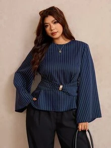 Elaquor Plus Size Fashion Commuter Striped Waist-Cinching Blouse Fall - Navy Blue - View 3