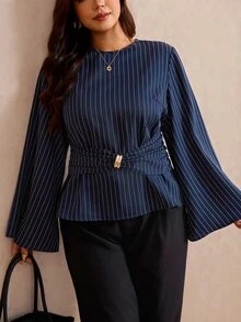 Elaquor Plus Size Fashion Commuter Striped Waist-Cinching Blouse Fall - Navy Blue - View 6