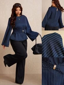 Elaquor Plus Size Fashion Commuter Striped Waist-Cinching Blouse Fall - Navy Blue - View 1