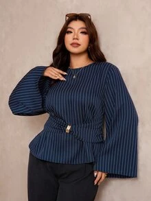Elaquor Plus Size Fashion Commuter Striped Waist-Cinching Blouse Fall - Navy Blue - View 5