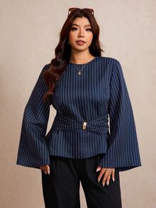 Elaquor Plus Size Fashion Commuter Striped Waist-Cinching Blouse Fall - Navy Blue - View 7