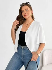 SHEIN Essnce 大尺碼女款優雅商務休閒白色開襟衫，短袖秋季外套，百搭校園時尚，舒適百搭上衣，辦公室正式穿著 - 白色 - 查看 6