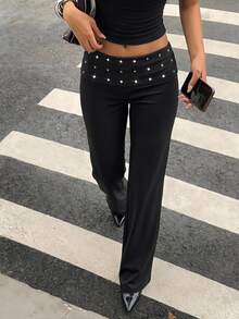 Aloruh Women's Early Autumn Solid Black Long Pants, Versatile Low Waist Flare Leg, Silver Rivet Decor, Sexy Y2k Street Style, After Party Going Out Night - Black - View 2