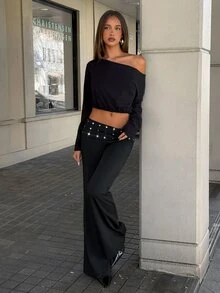 Aloruh Women's Early Autumn Solid Black Long Pants, Versatile Low Waist Flare Leg, Silver Rivet Decor, Sexy Y2k Street Style, After Party Going Out Night - Black - View 6
