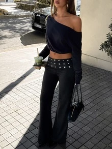Aloruh Women's Early Autumn Solid Black Long Pants, Versatile Low Waist Flare Leg, Silver Rivet Decor, Sexy Y2k Street Style, After Party Going Out Night - Black - View 7