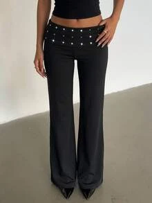 Aloruh Women's Early Autumn Solid Black Long Pants, Versatile Low Waist Flare Leg, Silver Rivet Decor, Sexy Y2k Street Style, After Party Going Out Night - Black - View 9