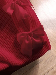 CosyJoli Plus Size Crew Neck Long Sleeve Loose Knit Sweater With Bowknot Decor, Autumn/Fall, Winter,Slightly Sheer - Red - View 5