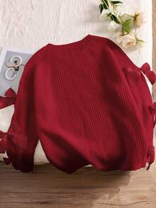 CosyJoli Plus Size Crew Neck Long Sleeve Loose Knit Sweater With Bowknot Decor, Autumn/Fall, Winter,Slightly Sheer - Red - View 2