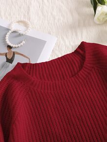 CosyJoli Plus Size Crew Neck Long Sleeve Loose Knit Sweater With Bowknot Decor, Autumn/Fall, Winter,Slightly Sheer - Red - View 7