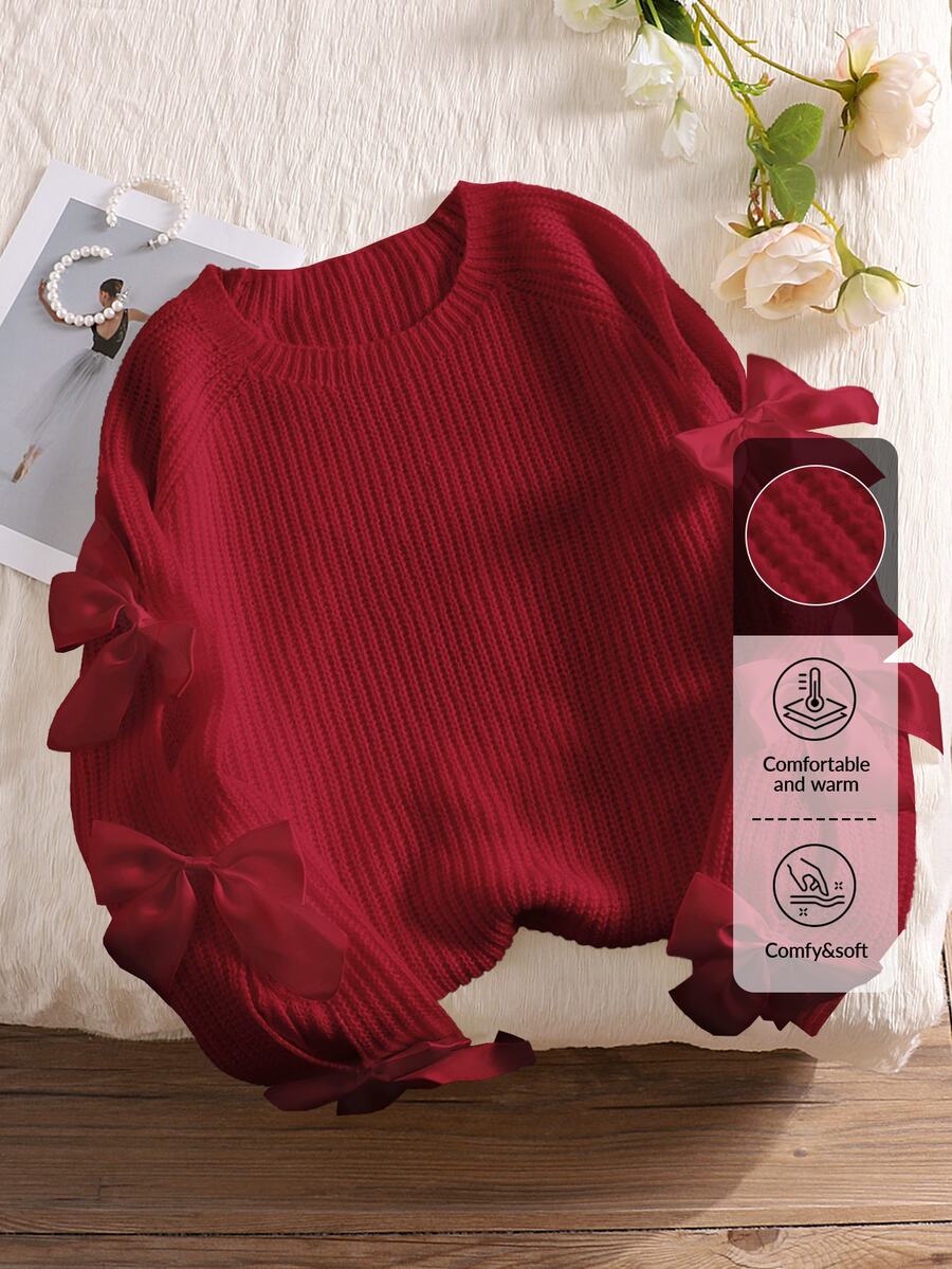 CosyJoli Plus Size Crew Neck Long Sleeve Loose Knit Sweater With Bowknot Decor, Autumn/Fall, Winter,Slightly Sheer - Red - View 1