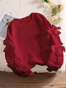 CosyJoli Plus Size Crew Neck Long Sleeve Loose Knit Sweater With Bowknot Decor, Autumn/Fall, Winter,Slightly Sheer - Red - View 6