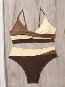 SHEIN Swim Summer Beach Color Block Cross Wrap High Waisted Bikini Set - Multicolor - View 4