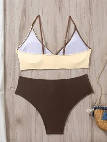SHEIN Swim Summer Beach Color Block Cross Wrap High Waisted Bikini Set - Multicolor - View 3