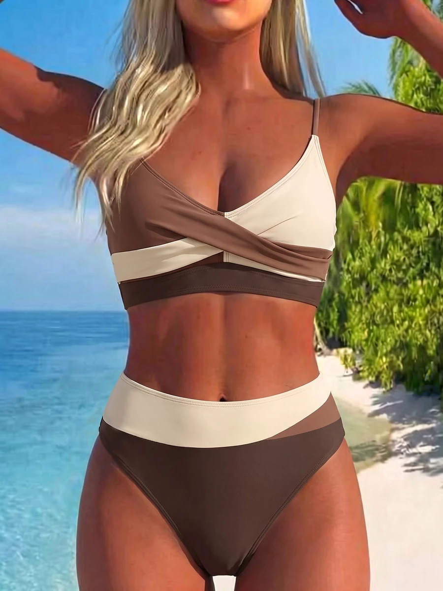 SHEIN Swim Summer Beach Color Block Cross Wrap High Waisted Bikini Set