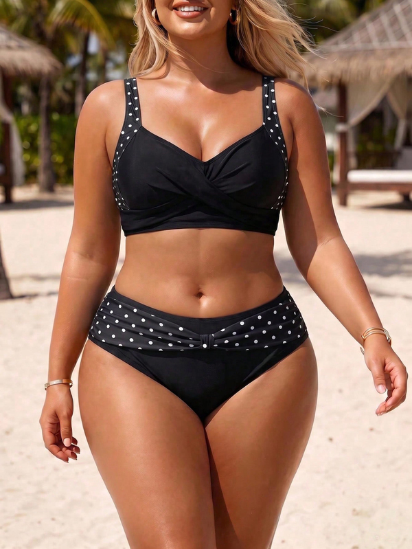 Swim Lushoire 2026 New Plus Size Women 2-Piece Set Polka Dot Print V-Neck Top With High Waist Printed Belt High Waist Pants, Beach Vacation, Summer Holiday Outfit, Party Wear, Elegant Women Beach Swimwear, Women Vacation Clothing