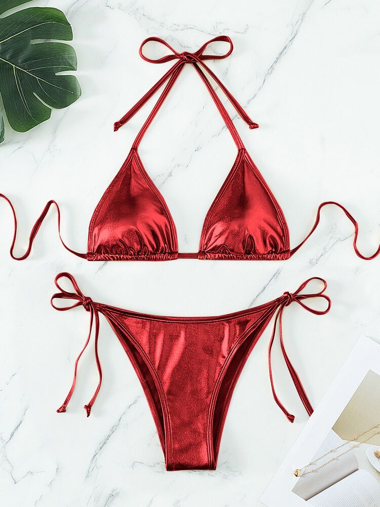 Swim Vcay طقم بيكيني لموسم الصيف والعطلات الشاطئية للنساء، يتكون من ملابس علوية بيكيني من القطع الواحدة عند الرقبة وأسفل بيكيني ذو ربطات جانبية - الأحمر - مشاهدة 4