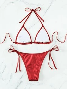 SHEIN Swim 女士纯色露背比基尼上衣和系带侧边比基尼泳装套装，夏季海滩度假 - 紅色 - 查看 3