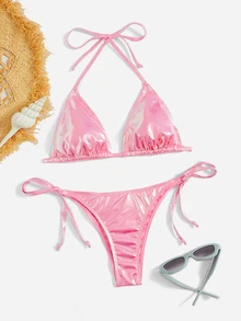 Swim Mod Summer Beach Metallic Bikini Set Halter Triangle Bra Top & Tie Side Bikini Bottom 2 Piece Bathing Suit - Pink - View 6
