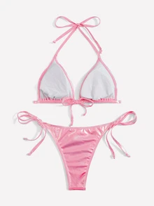 Swim Mod Summer Beach Metallic Bikini Set Halter Triangle Bra Top & Tie Side Bikini Bottom 2 Piece Bathing Suit - Pink - View 3