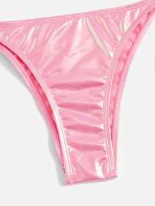 Swim Mod Summer Beach Metallic Bikini Set Halter Triangle Bra Top & Tie Side Bikini Bottom 2 Piece Bathing Suit - Pink - View 5