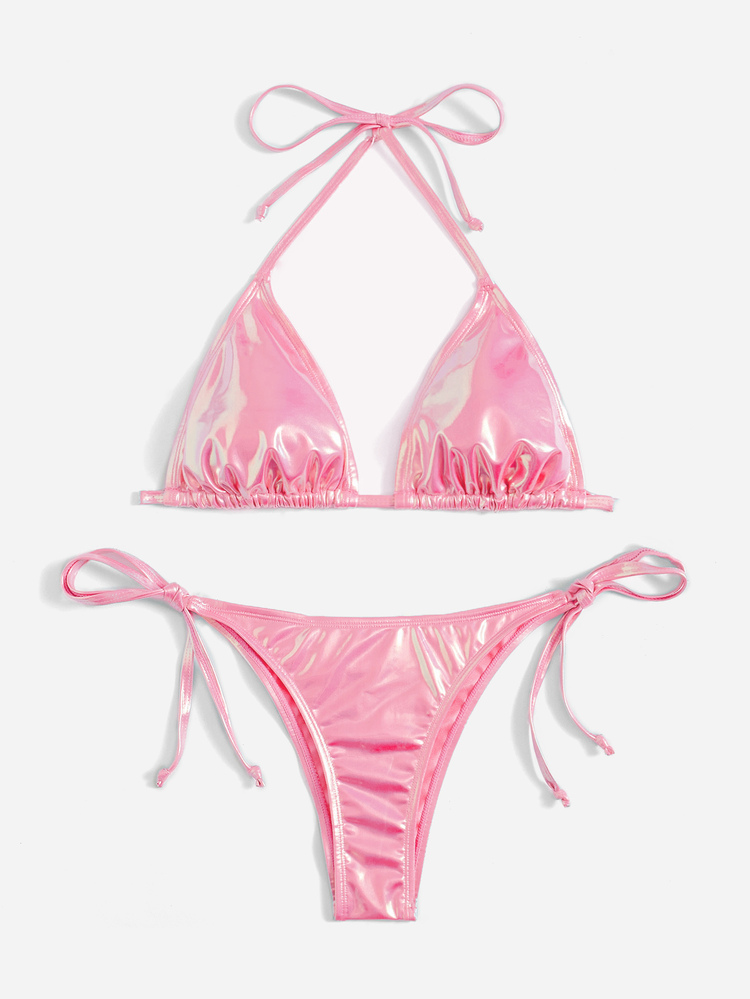 Swim Mod Summer Beach Metallic Bikini Set Halter Triangle Bra Top & Tie Side Bikini Bottom 2 Piece Bathing Suit - Pink - View 3
