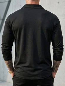 DAZY 復古半鈕扣翻領休閒長袖男士純色極簡 Polo 衫 秋季 - 黑色 - 查看 2