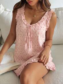Livesso 荷葉邊拼接甜美碎花短洋裝 夏季女款睡裙睡衣 - 粉色 - 查看 3