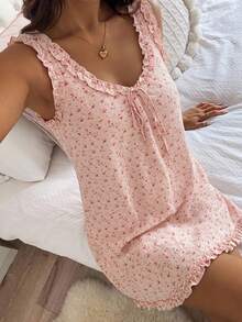 Livesso 荷葉邊拼接甜美碎花短洋裝 夏季女款睡裙睡衣 - 粉色 - 查看 4