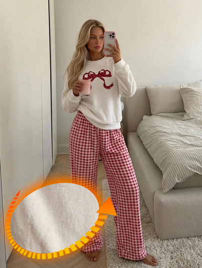 DAZY Women's 2-Piece Pajama Set, Thermal-Lined Loose Long Sleeve Top With Bow Pattern And Plaid Straight Leg Long Pants, Autumn/Winter