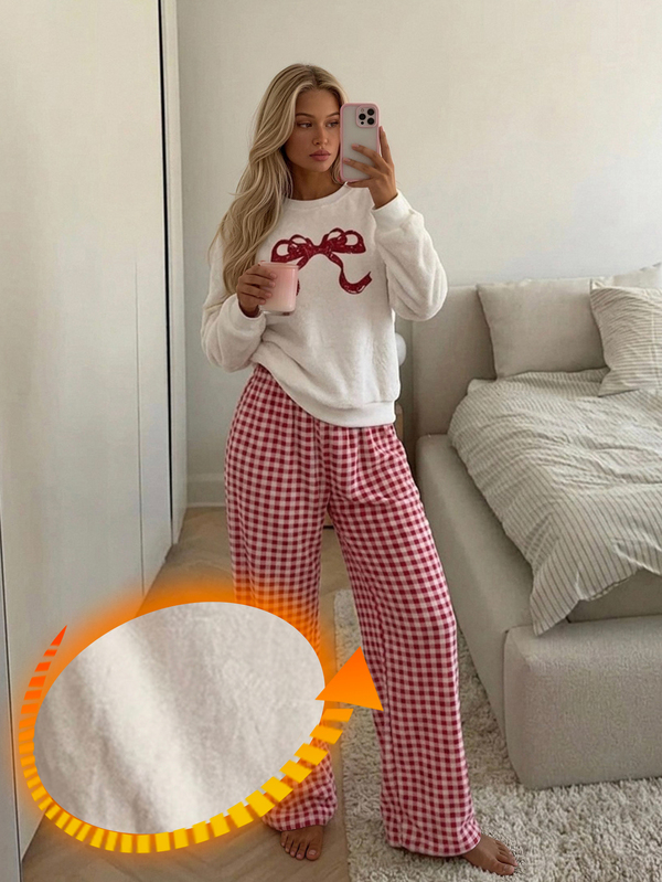 DAZY Women's 2-Piece Pajama Set, Thermal-Lined Loose Long Sleeve Top With Bow Pattern And Plaid Straight Leg Long Pants, Autumn/Winter