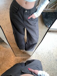 DAZY Celana Jeans Kargo Longgar Wanita dengan Saku Besar dan Desain Rusak, Gaya Kasual Jalanan Musim Gugur - Grey - View 7