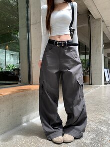 DAZY Celana Jeans Kargo Longgar Wanita dengan Saku Besar dan Desain Rusak, Gaya Kasual Jalanan Musim Gugur - Grey - View 4