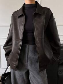 DAZY Solid Color Loose PU Jacket Long Sleeve Lapel Zipper Casual Street Vacation Spring Autumn Women's Jacket - Coffee Brown - View 11